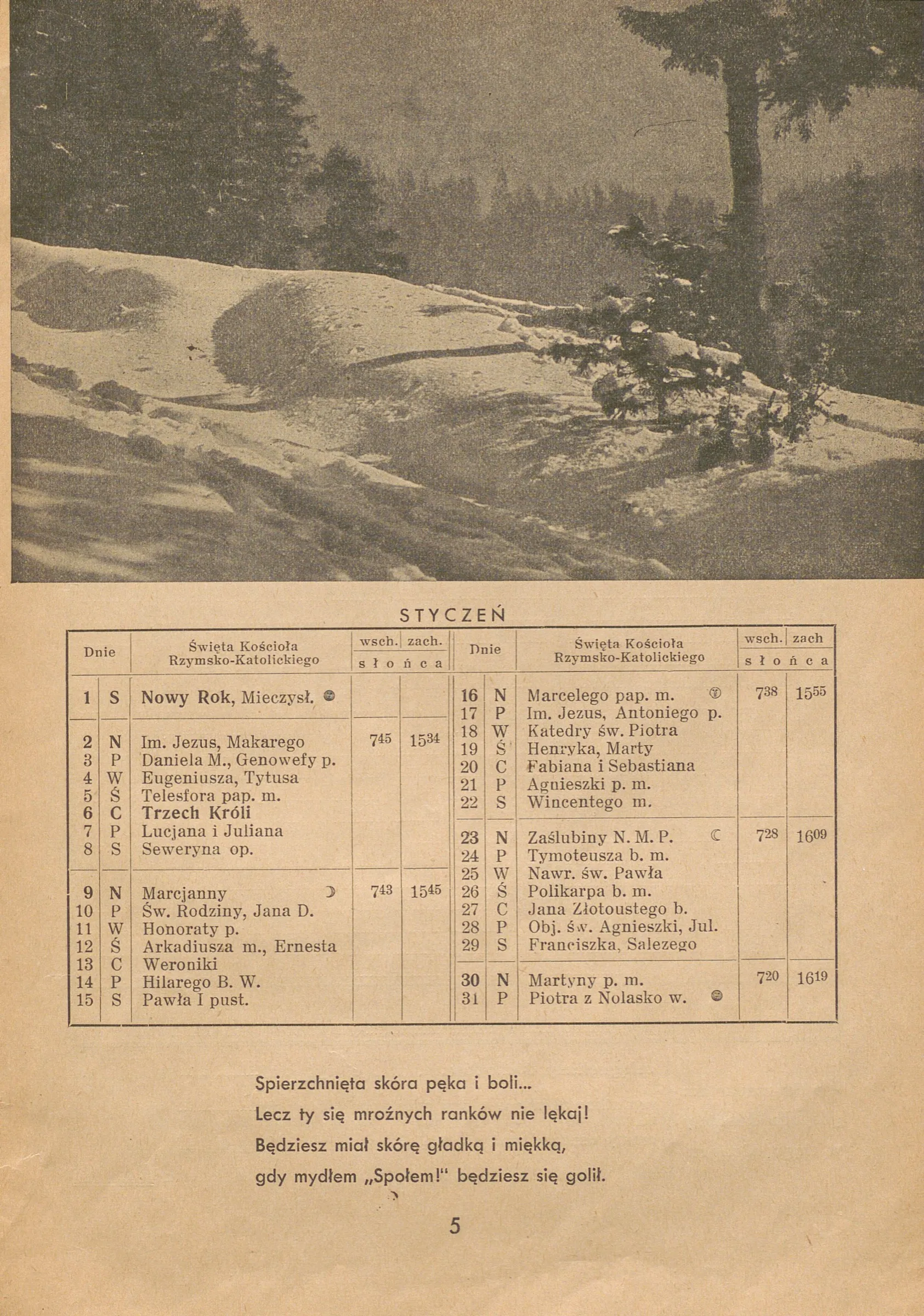 Strona „Styczeń” z Kalendarza Spółdzielczego na rok 1938